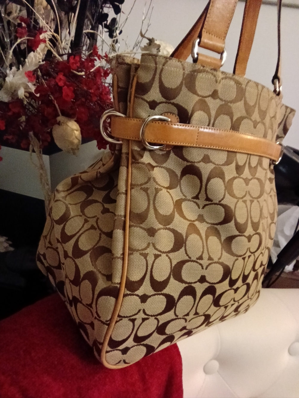 #V5 Coach Hampton VINTAGE Tan/Khaki Sign. Canvas Belted Tote Creed- E04M-6352 - Picture 3 of 16